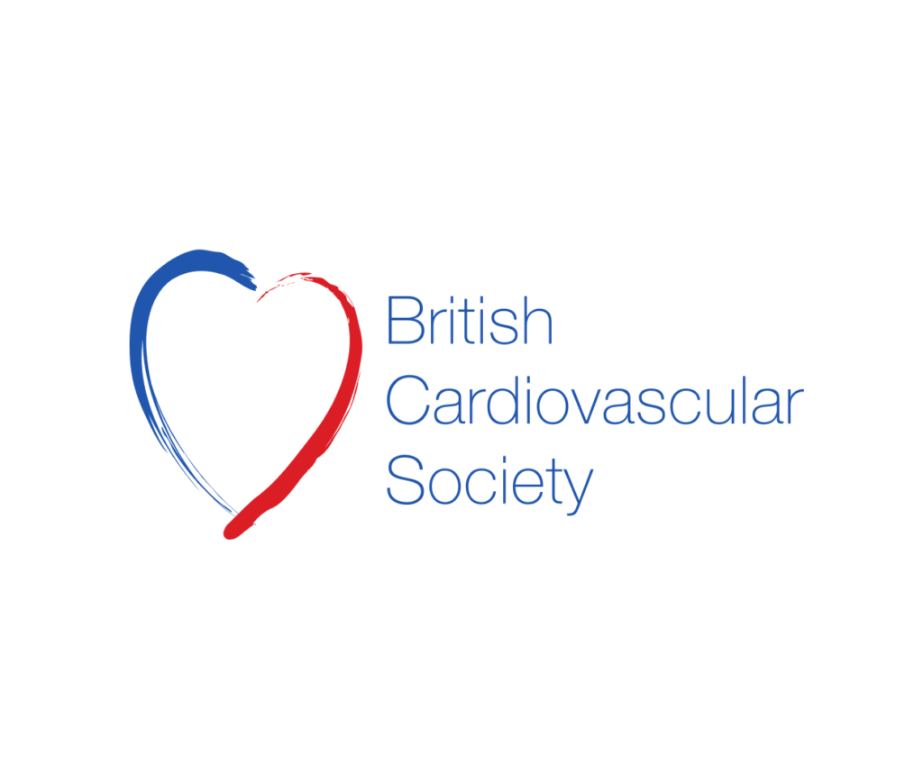 Logo of the British Cardiovascular Society featuring a heart outline in blue on the left and red on the right, with the membership organisation's name written in blue text to the right of the heart.