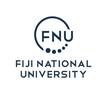 Logo for Fiji National University featuring the letters "FNU" with a half circle around it then 5 dots to completed the circle. Features text at the bottom reading "Fiji National University" in uppercase. The logo is dark blue on a white background.