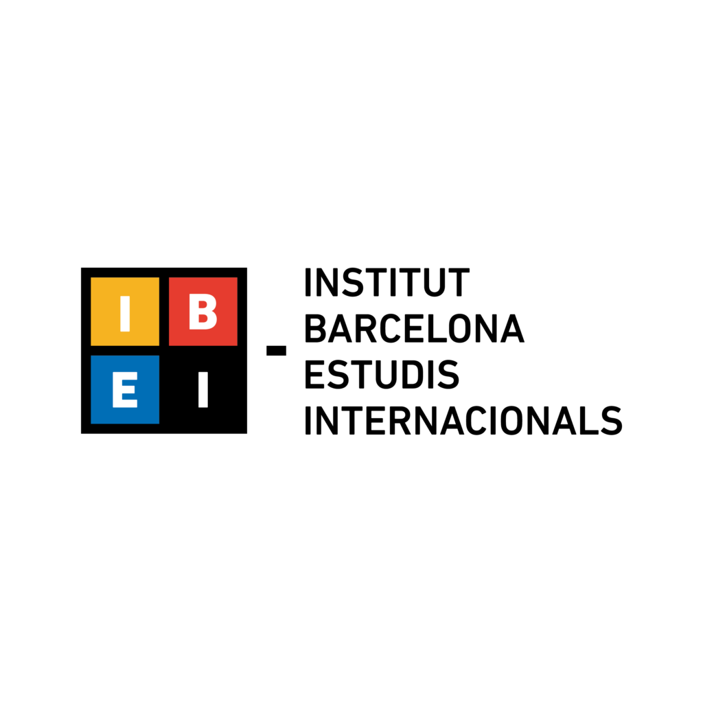 The logo of the Institut Barcelona d'Estudis Internacionals (IBEI) consists of a black square divided into four equal parts. Each part contains one letter from the institute's acronym, "IBEI." The background colours of the sections are yellow, red, blue, and black.