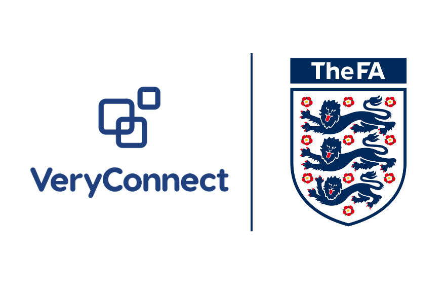 VeryConnect and The FA logos side by side to represent member app partnership. VeryConnect logo on the left features interlocking blue squares, representing connection, with the brand name 'VeryConnect' in blue text below. The FA logo on the right shows a shield with three lions, each facing left, surrounded by red roses, with the words 'The FA' in white on a dark blue banner above the shield.