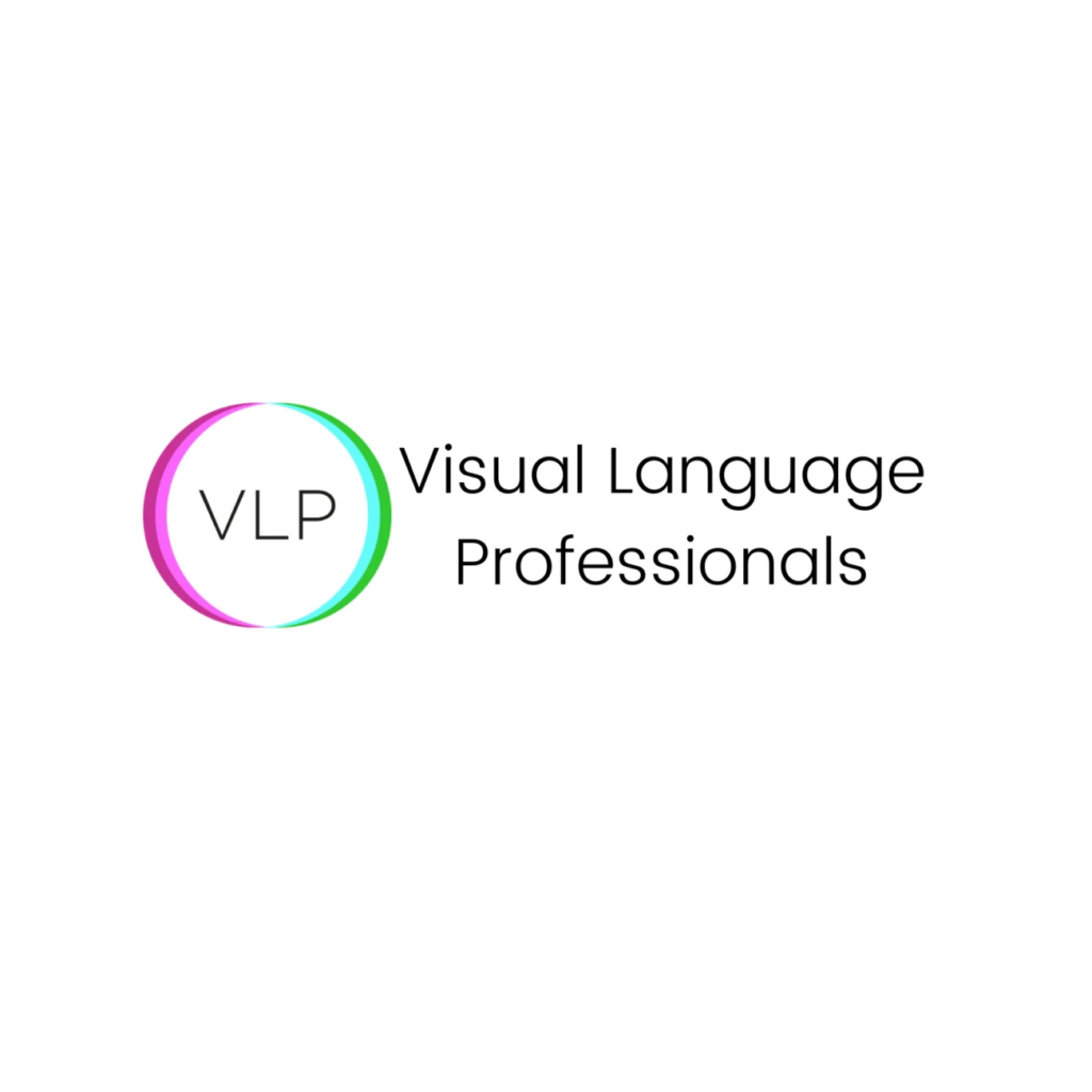 Logo for Visual Language Professionals featuring the text "VLP" on the left, encircled by a half pink, half green circle on a white background. The organisation's name is on the right in black lettering.