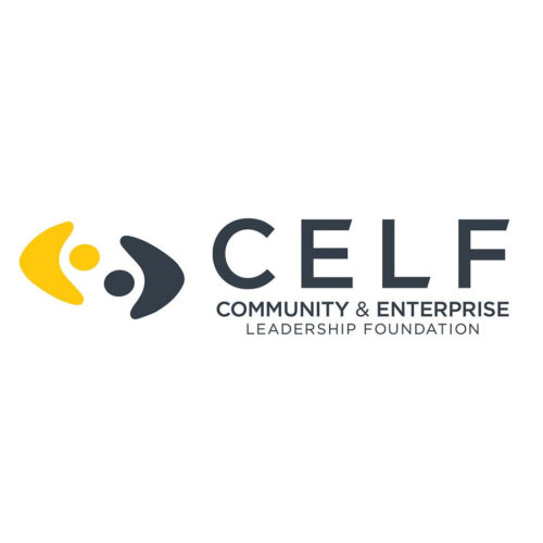 Logo for CELF featuring yellow and dark grey shapes on the left that represent two people. The organisations acronym "CELF" and full name "Community & Enterprise Leadership Foundation" are in dark grey lettering on the right of the page.