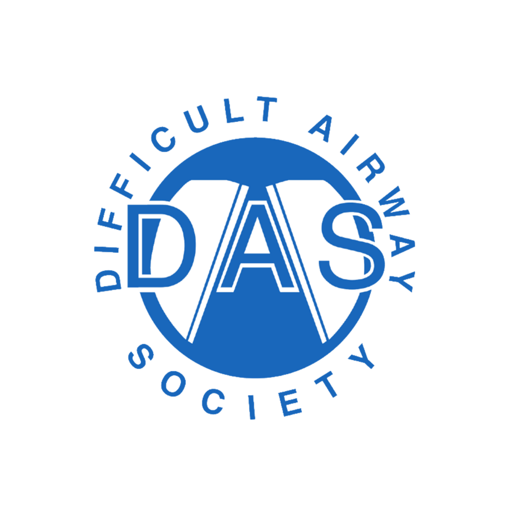 Logo for Difficult Airways Society featuring "DAS" in blue lettering surrounded by a blue circular shape with two white shapes on either side to represent lungs. The text "Difficult Airways Society" is around the circle in blue on a white background.