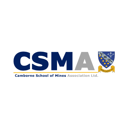 Camborne School of Mines Association logo featuring the Cornish fifteen balls in silver with a crossed pick and shovel, accompanied by the motto 'Laboris Gloria Ludi' on a blue and gold crest.