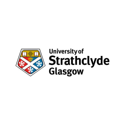 University of Strathclyde logo featuring a triangular shield with a lighthouse, book, stag, and crown, accompanied by the university name and tagline.