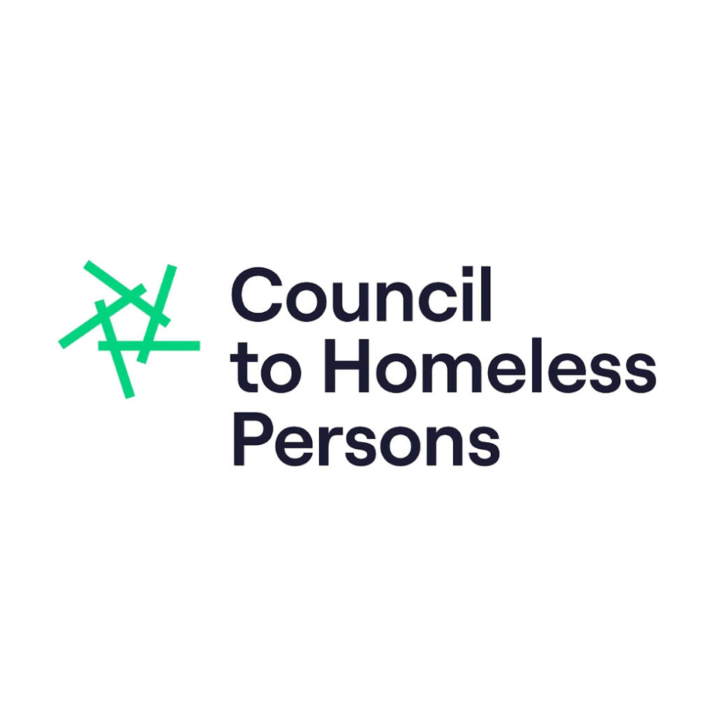 Logo for the Council to Homeless Persons featuring five green lines linked to create a pentagon shape in the middle. The organisation's name is on the right in black.