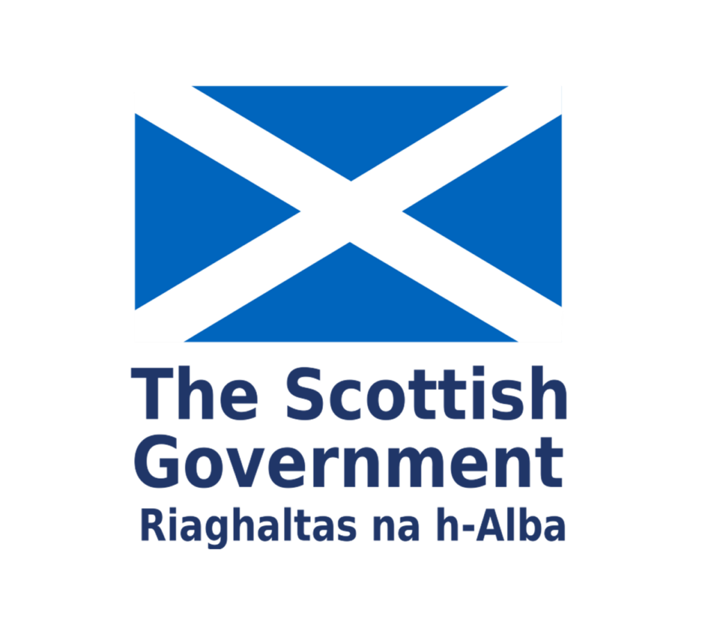 Logo for the Scottish Government featuring the Scottish flag at the top. Below is has the text "The Scottish Government" and the gaelic translation: "Riaghaltas na h-Alba" in dark blue lettering.