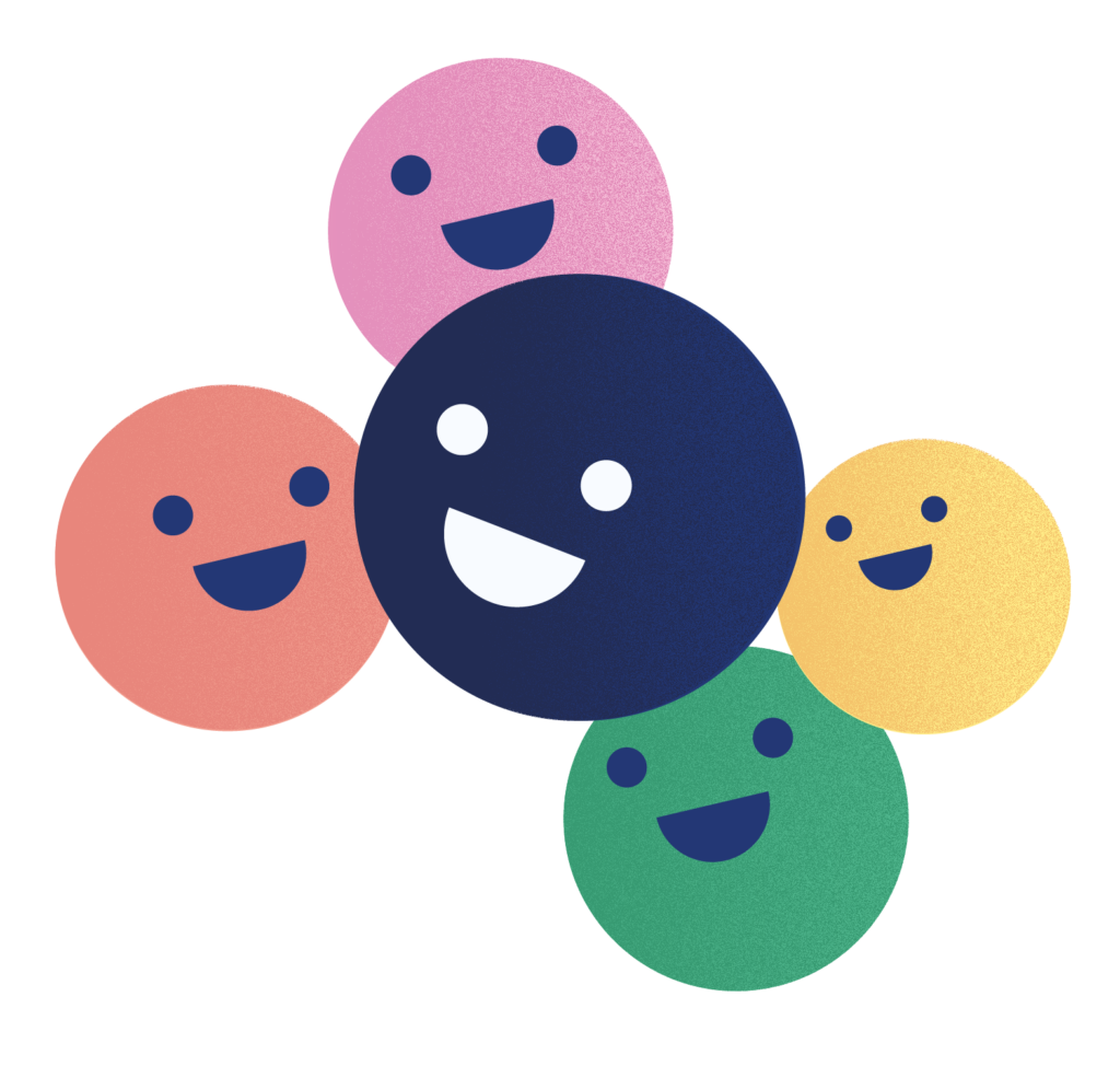 Graphic with 5 circles grouped together, coloured pink, red, yellow, green and dark blue. All circles have smiling faces. Image represents the community our mentoring software can create.