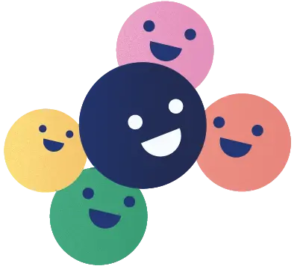 Graphic with 5 circles grouped together, coloured pink, red, yellow, green and dark blue. All circles have smiling faces.