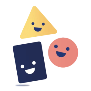 VeryConnect icons with three shapes - triangle, rectangle and circle - all with smiling faces. Represents users of membership, event or network management software.