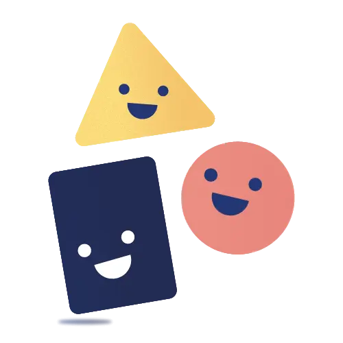 VeryConnect icons with three shapes - triangle, rectangle and circle - all with smiling faces. Represents users of membership, event or network management software.
