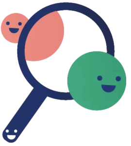 Graphic of a navy magnifying glass with smiling face icons. Represents search and engagement features on membership management software.