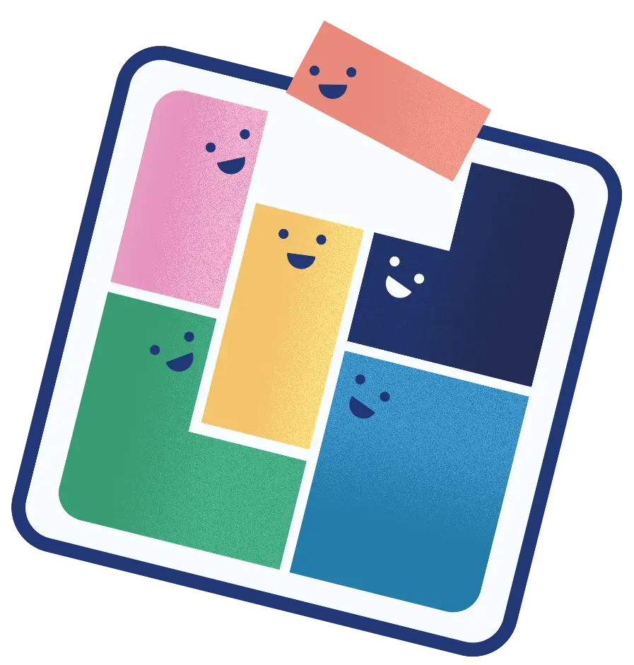 Graphic of a square made up of 6 blocks in the colours pink, orange, navy, green, yellow and blue - all with smiling faces. Representing the building blocks of the VeryConnect Membership management software.