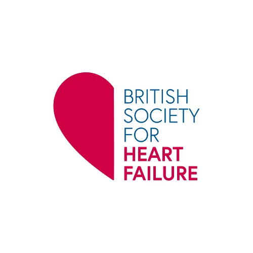 Logo for the medical association: British Society For Heart Failure. Contains half of a red love heart shape on the left and the society name on the right. The text "British Society For" blue and "Heart Failure" is red.