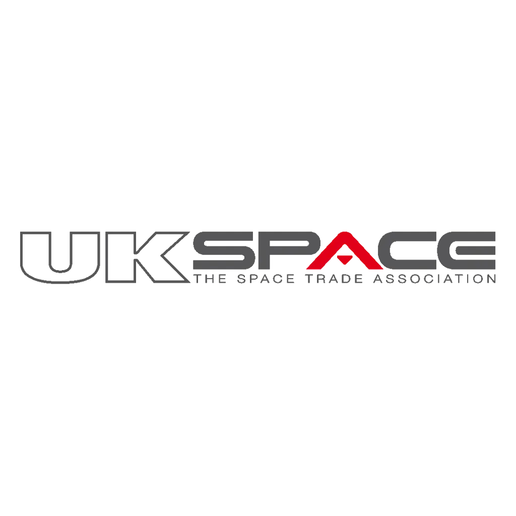 Logo of UKspace, featuring a stylised rocket and the word 'UKspace' in bold, modern typography with the tagline "THE SPACE TRADE ASSOCIATION'