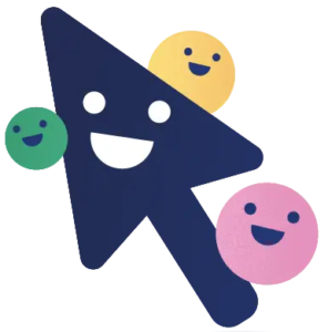 Graphic of a blue mouse click icon with a smiling face around it. Surrounded by three circles in green, yellow and pink - all with smiling faces. From Trade Association Software page.