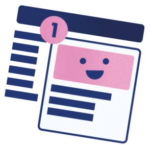 Graphic with a pink smiling box and blue lines representing text. A pink circle with the number one. The image represents a new email on our membership management, society or association software.
