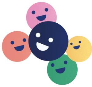 Graphic with 5 circles grouped together, coloured pink, red, yellow, green and dark blue. All circles have smiling faces. Image represents members of an association, society or membership organisation.