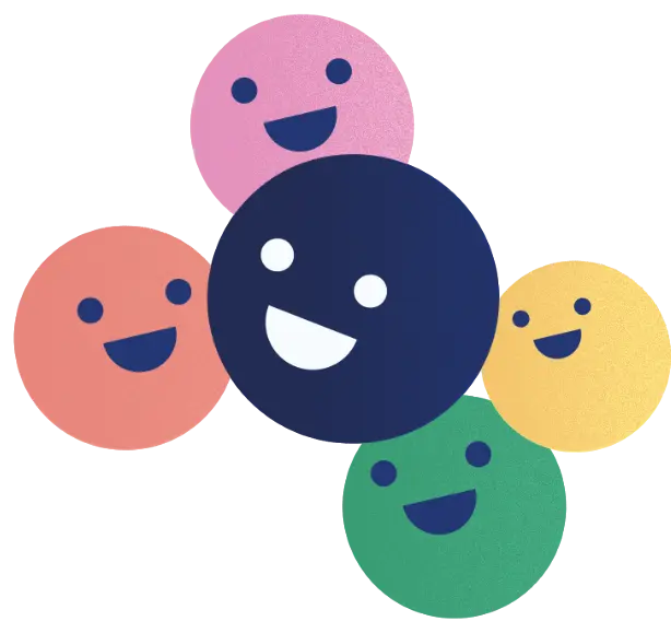 Graphic with 5 circles grouped together, coloured pink, red, yellow, green and dark blue. All circles have smiling faces. Image represents members of an association or society.