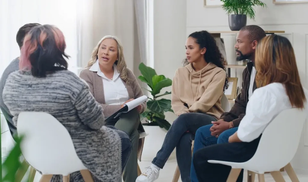 Group of people sitting on chairs in a circle in conversation. Represents users of VeryConnect's union membership software