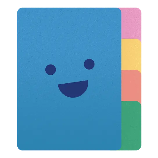 Graphic of a blue folder with a smiling face. Folder has pink, yellow, orange and green dividers on the right side.
