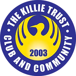 Logo for The Killie trust featuring a dark blue circle with the text "The Killie Trust Club and Community" encircling a graphic of a yellow bird with its wings spread upwards. The year "2003" is overlayed on the bird.