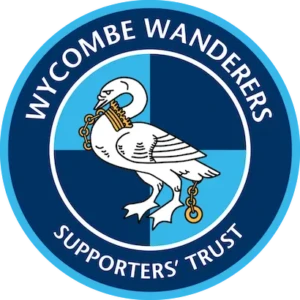 Crest of the Wycombe Wanderers Supporters' Trust. Featuring dark and light blue quarters and a swan with chains graphic. Logo used to represent a VeryConnect club management software customer.