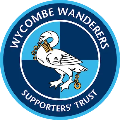 Crest of the Wycombe Wanderers Supporters' Trust. Featuring dark and light blue quarters and a swan with chains graphic. Logo used to represent a VeryConnect club management software customer.