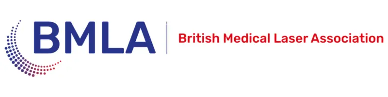 Logo for the British Medical Laser Association featuring "BMLA" in dark blue and the full name in red text. Features a blue and red half circle on the left.