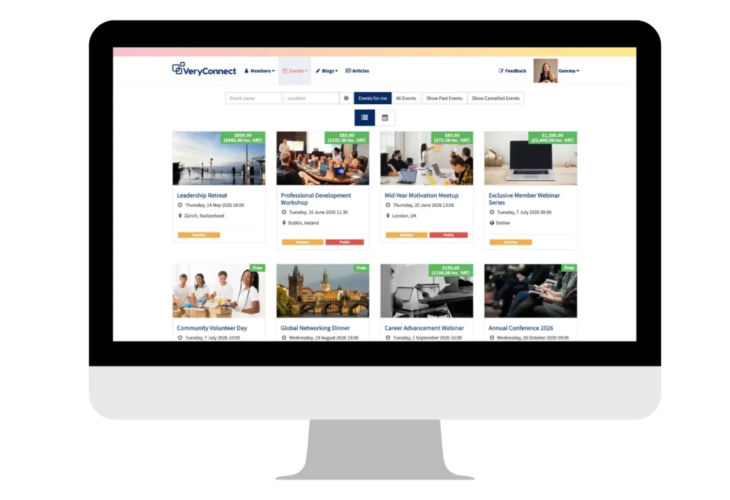 Event listing page on the VeryConnect membership management platform