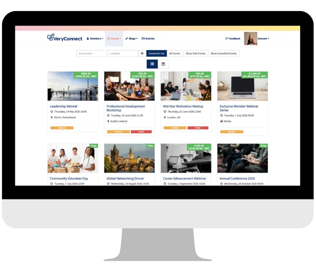 Event listing page on the VeryConnect membership management platform
