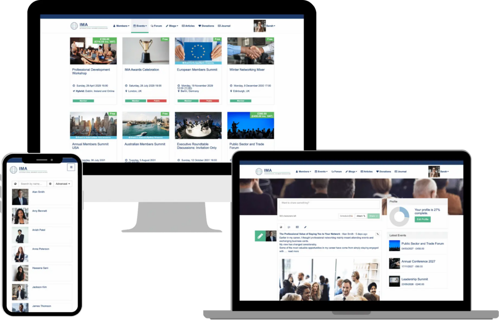 Image shows screenshots from VeryConnect's membership management software.